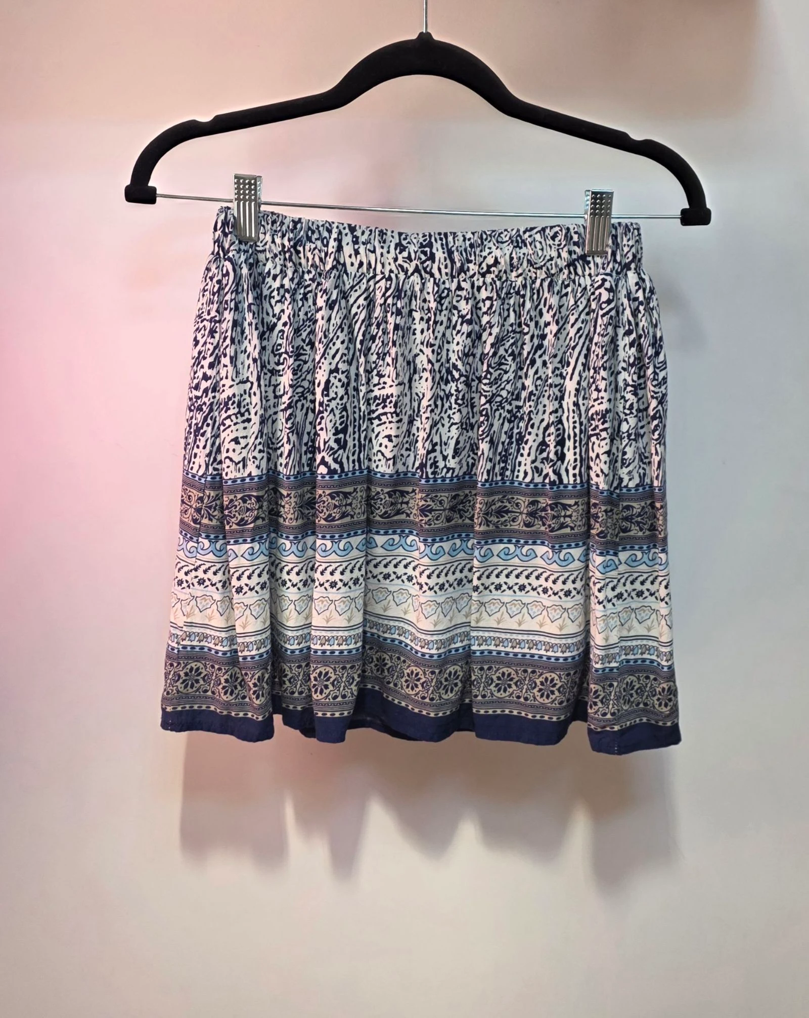 Mini-jupe bohème bleue et blanche S/M It Hippie jupe courte doublée